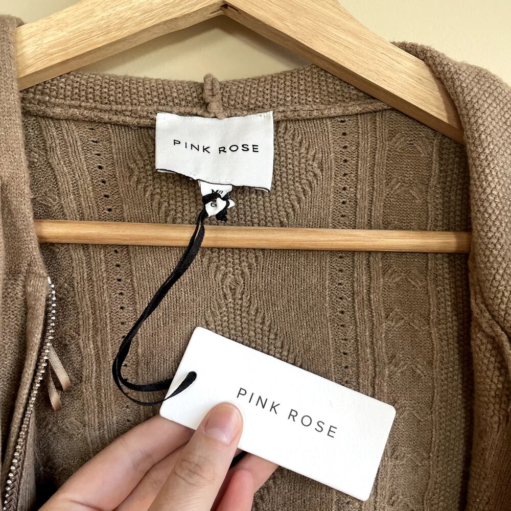 NWT pink rose portobella cropped hooded full zip knit sweater beige‎ women's M - Picture 3 of 8